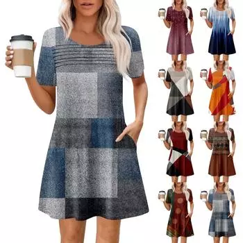 Женские летние повседневные платья с круглым вырезом, плиссированные, с карманами, с принтом, с коротким рукавом XXL синий