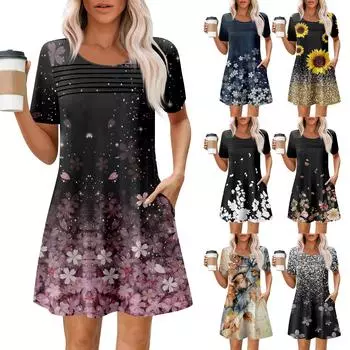 Женские летние повседневные платья с круглым вырезом, плиссированные, с карманами, с принтом, с коротким рукавом XXL розовый