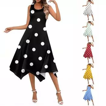 Женские летние повседневные платья с круглым вырезом, плиссированные, с карманами, с принтом, с коротким рукавом L чёрный