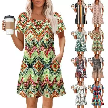 Женские летние повседневные платья с круглым вырезом, плиссированные, с карманами, с принтом, с коротким рукавом XXL