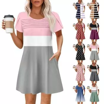 Женские летние повседневные платья с круглым вырезом, плиссированные, с карманами, с принтом, с коротким рукавом XL