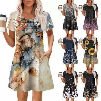 Женские летние повседневные платья с круглым вырезом, плиссированные, с карманами, с принтом, с коротким рукавом XL чёрный