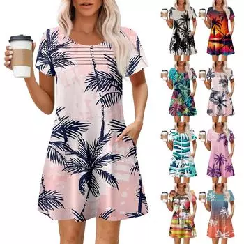 Женские летние повседневные платья с круглым вырезом, плиссированные, с карманами, с принтом, с коротким рукавом XXL