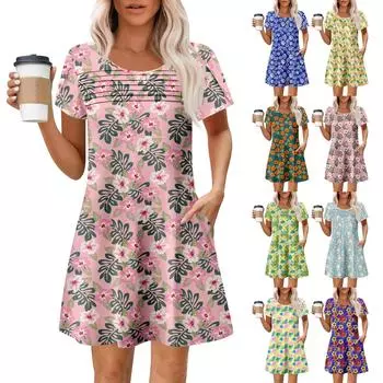 Женские летние повседневные платья с круглым вырезом, плиссированные, с карманами, с принтом, с коротким рукавом XXL