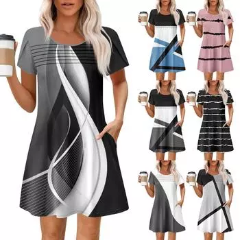 Женские летние повседневные платья с круглым вырезом, плиссированные, с карманами, с принтом, с коротким рукавом XL чёрный