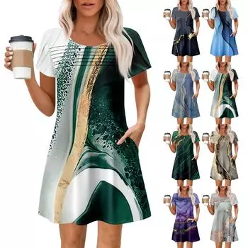 Женские летние повседневные платья с круглым вырезом, плиссированные, с карманами, с принтом, с коротким рукавом XXL верблюд