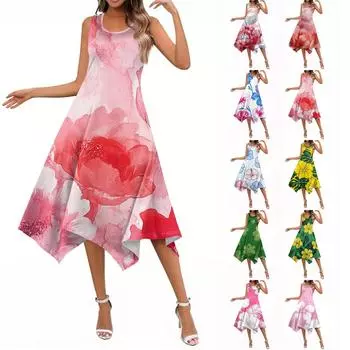 Женские летние повседневные платья с круглым вырезом, плиссированные, с карманами, с принтом, с коротким рукавом XXL розовый