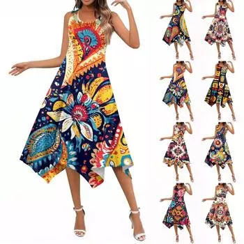 Женские летние повседневные платья с круглым вырезом, плиссированные, с карманами, с принтом, с коротким рукавом XL синий