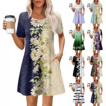 Женские летние повседневные платья с круглым вырезом, плиссированные, с карманами, с принтом, с коротким рукавом XXL красный