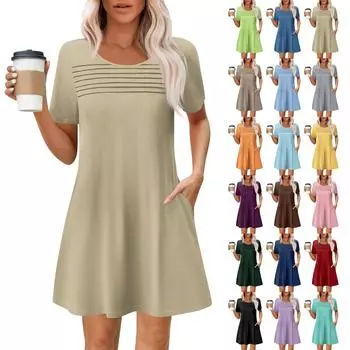 Женские летние повседневные платья с круглым вырезом, плиссированные, с карманами, однотонные, с коротким рукавом XXL