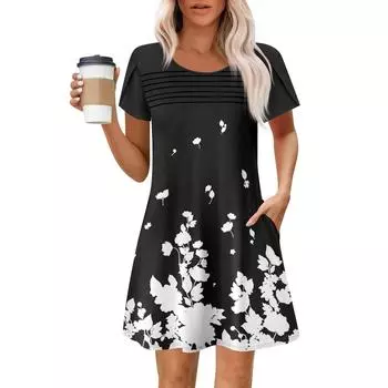 Женские летние повседневные платья с круглым вырезом, плиссированные, с карманами, с принтом, с коротким рукавом S темно-синий