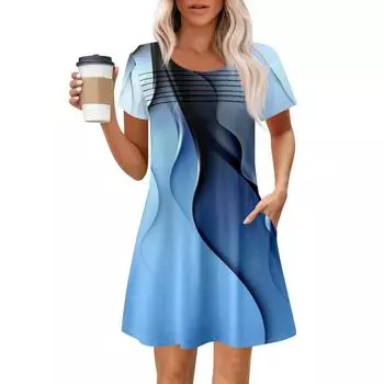 Женские летние повседневные платья с круглым вырезом, плиссированные, с карманами, с принтом, с коротким рукавом S верблюд