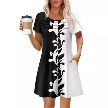 Женские летние повседневные платья с круглым вырезом, плиссированные, с карманами, с принтом, с коротким рукавом S