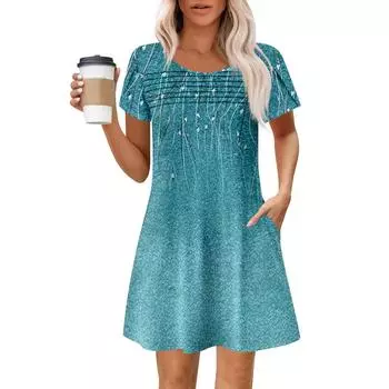 Женские летние повседневные платья с круглым вырезом, плиссированные, с карманами, с принтом, с коротким рукавом S
