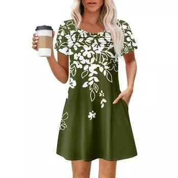 Женские летние повседневные платья с круглым вырезом, плиссированные, с карманами, с принтом, с коротким рукавом S розовый
