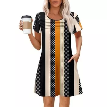 Женские летние повседневные платья с круглым вырезом, плиссированные, с карманами, с принтом, с коротким рукавом S розовый