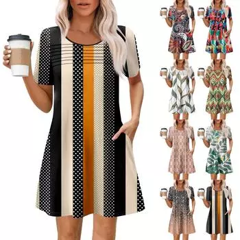 Женские летние повседневные платья с круглым вырезом, плиссированные, с карманами, с принтом, с коротким рукавом S зелёный