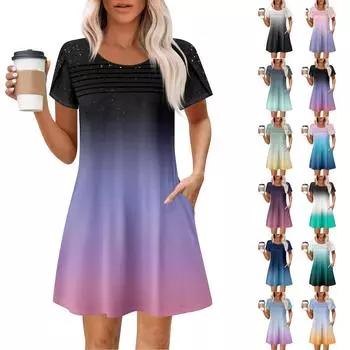 Женские летние повседневные платья с круглым вырезом, плиссированные, с карманами, с принтом, с коротким рукавом M