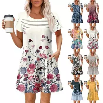 Женские летние повседневные платья с круглым вырезом, плиссированные, с карманами, с принтом, с коротким рукавом S