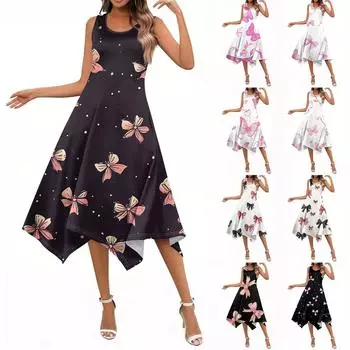 Женские летние повседневные платья с круглым вырезом, плиссированные, с карманами, с принтом, с коротким рукавом L бежевый