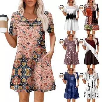 Женские летние повседневные платья с круглым вырезом, плиссированные, с карманами, с принтом, с коротким рукавом XL чёрный