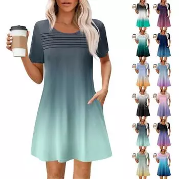 Женские летние повседневные платья с круглым вырезом, плиссированные, с карманами, с принтом, с коротким рукавом M