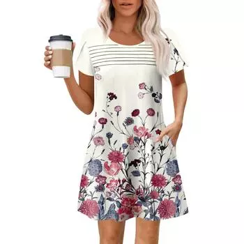 Женские летние повседневные платья с круглым вырезом, плиссированные, с карманами, с принтом, с коротким рукавом S розовый