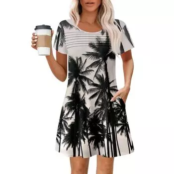 Женские летние повседневные платья с круглым вырезом, плиссированные, с карманами, с принтом, с коротким рукавом S розовый