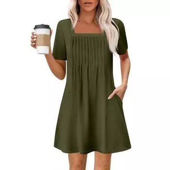 Женские летние повседневные платья с квадратным вырезом, плиссировкой спереди и карманом, с короткими рукавами и принтом L армия зеленый