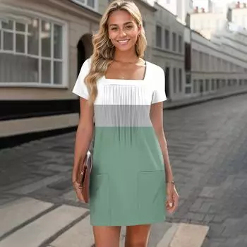 Женские летние повседневные платья с квадратным вырезом, плиссировкой спереди и карманом, с короткими рукавами и принтом M