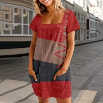 Женские летние повседневные платья с квадратным вырезом, плиссировкой спереди и карманом, с короткими рукавами и принтом S красный