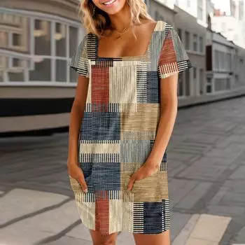 Женские летние повседневные платья с квадратным вырезом, плиссировкой спереди и карманом, с короткими рукавами и принтом S хаки