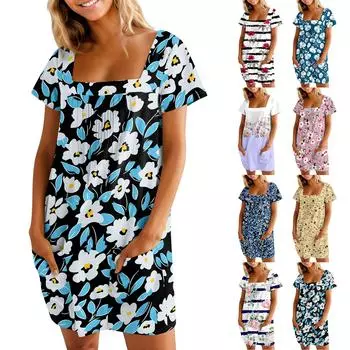 Женские летние повседневные платья с квадратным вырезом, плиссировкой спереди и карманом, с короткими рукавами и принтом L