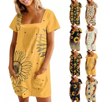 Женские летние повседневные платья с квадратным вырезом, плиссировкой спереди и карманом, с короткими рукавами и принтом XL бежевый