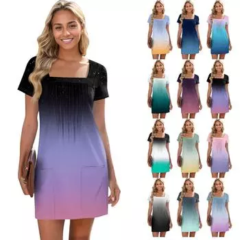 Женские летние повседневные платья с квадратным вырезом, плиссировкой спереди и карманом, с короткими рукавами и принтом XXL синий