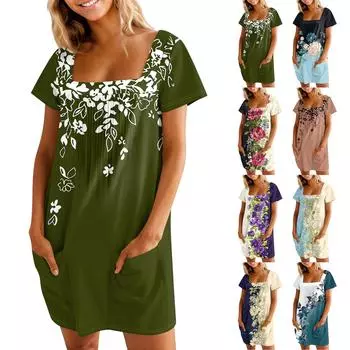 Женские летние повседневные платья с квадратным вырезом, плиссировкой спереди и карманом, с короткими рукавами и принтом S