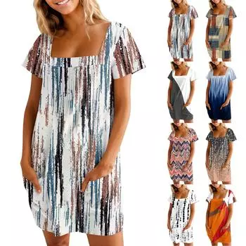 Женские летние повседневные платья с квадратным вырезом, плиссировкой спереди и карманом, с короткими рукавами и принтом XL