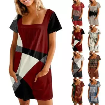 Женские летние повседневные платья с квадратным вырезом, плиссировкой спереди и карманом, с короткими рукавами и принтом L синий