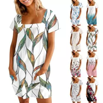 Женские летние повседневные платья с квадратным вырезом, плиссировкой спереди и карманом, с короткими рукавами и принтом L