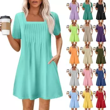 Женские летние повседневные платья с квадратным вырезом, плиссировкой спереди и карманом, с короткими рукавами и принтом M