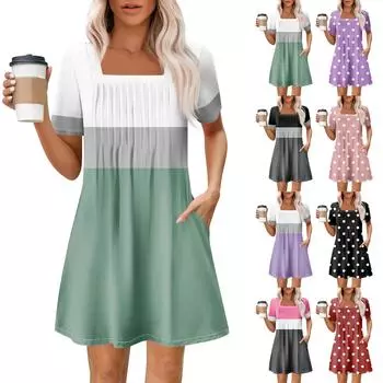 Женские летние повседневные платья с квадратным вырезом, плиссировкой спереди и карманом, с короткими рукавами и принтом XXXL