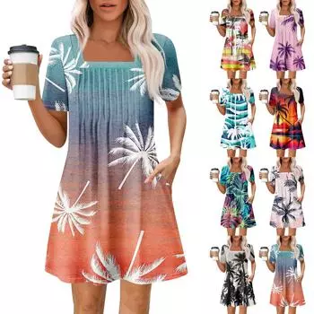 Женские летние повседневные платья с квадратным вырезом, плиссировкой спереди и карманом, с короткими рукавами и принтом XXXL чёрный