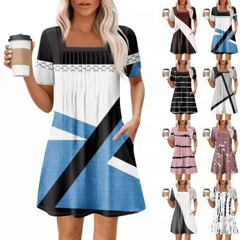 Женские летние повседневные платья с квадратным вырезом, плиссировкой спереди и карманом, с короткими рукавами и принтом M чёрный