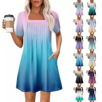 Женские летние повседневные платья с квадратным вырезом, плиссировкой спереди и карманом, с короткими рукавами и принтом XL синий