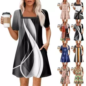 Женские летние повседневные платья с квадратным вырезом, плиссировкой спереди и карманом, с короткими рукавами и принтом XL