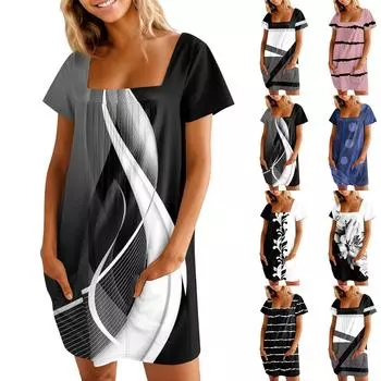 Женские летние повседневные платья с квадратным вырезом, плиссировкой спереди и карманом, с короткими рукавами и принтом L