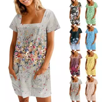 Женские летние повседневные платья с квадратным вырезом, плиссировкой спереди и карманом, с короткими рукавами и принтом XL тёмно-синий