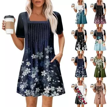 Женские летние повседневные платья с квадратным вырезом, плиссировкой спереди и карманом, с короткими рукавами и принтом XL синий
