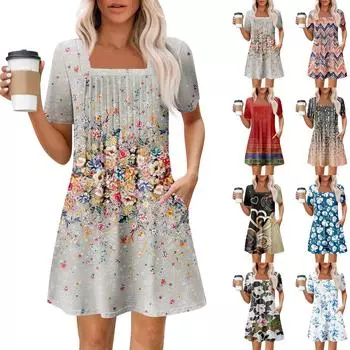 Женские летние повседневные платья с квадратным вырезом, плиссировкой спереди и карманом, с короткими рукавами и принтом XL хаки