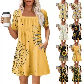 Женские летние повседневные платья с квадратным вырезом, плиссировкой спереди и карманом, с короткими рукавами и принтом XXL